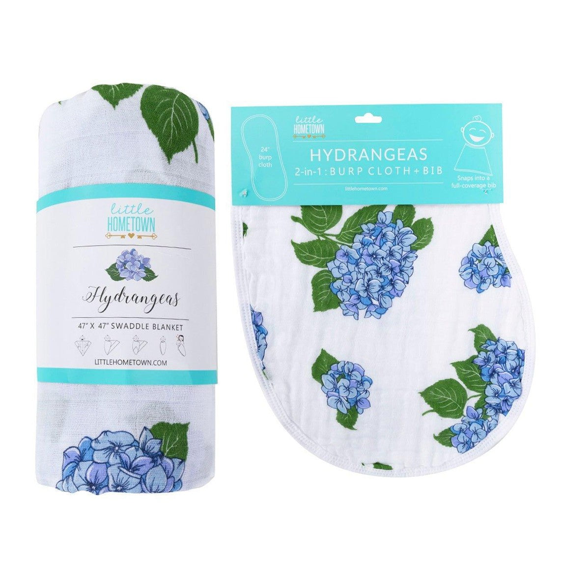 Gift Set: Hydrangeas Baby Muslin Swaddle Blanket and Burp Cloth/Bib Combo-thumbmail-8