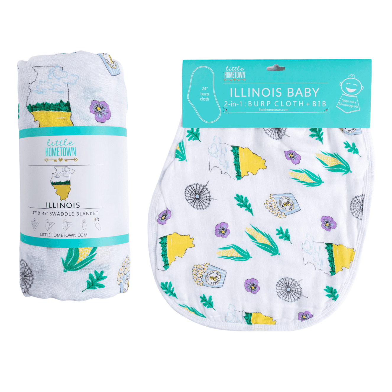 Gift Set: Illinois Baby Muslin Swaddle Blanket and Burp Cloth/Bib Combo-thumbmail-1