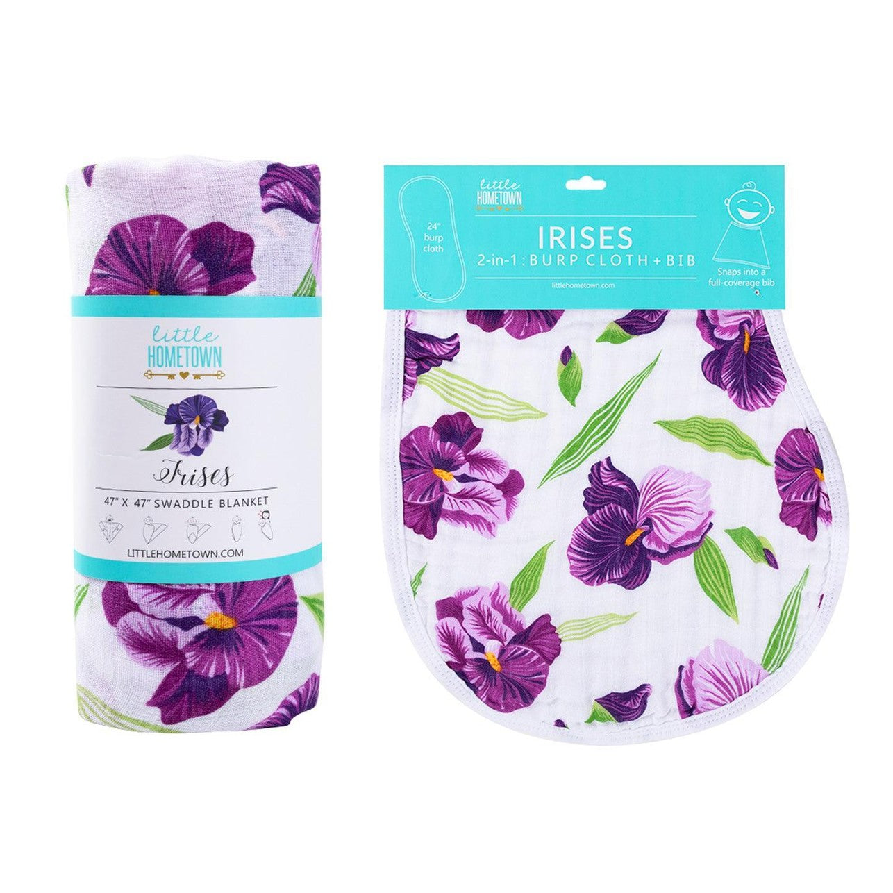 Gift Set: Irises Baby Muslin Swaddle Blanket and Burp Cloth/Bib Combo-thumbmail-8