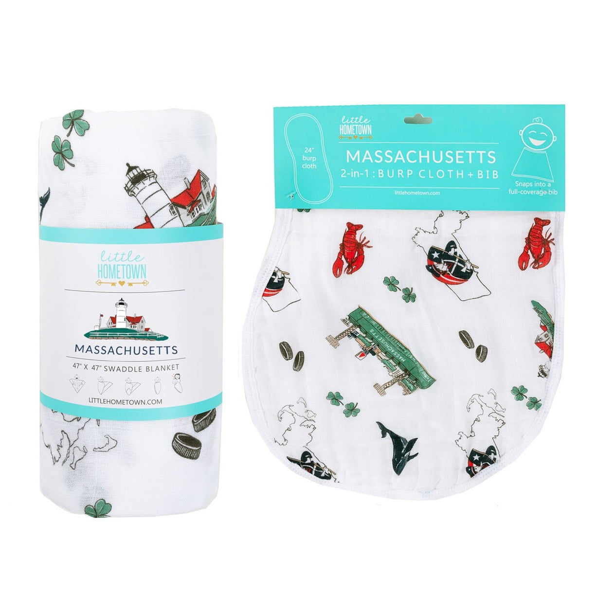 Gift Set: Massachusetts Baby Muslin Swaddle Blanket and Burp Cloth/Bib Combo-thumbmail-1