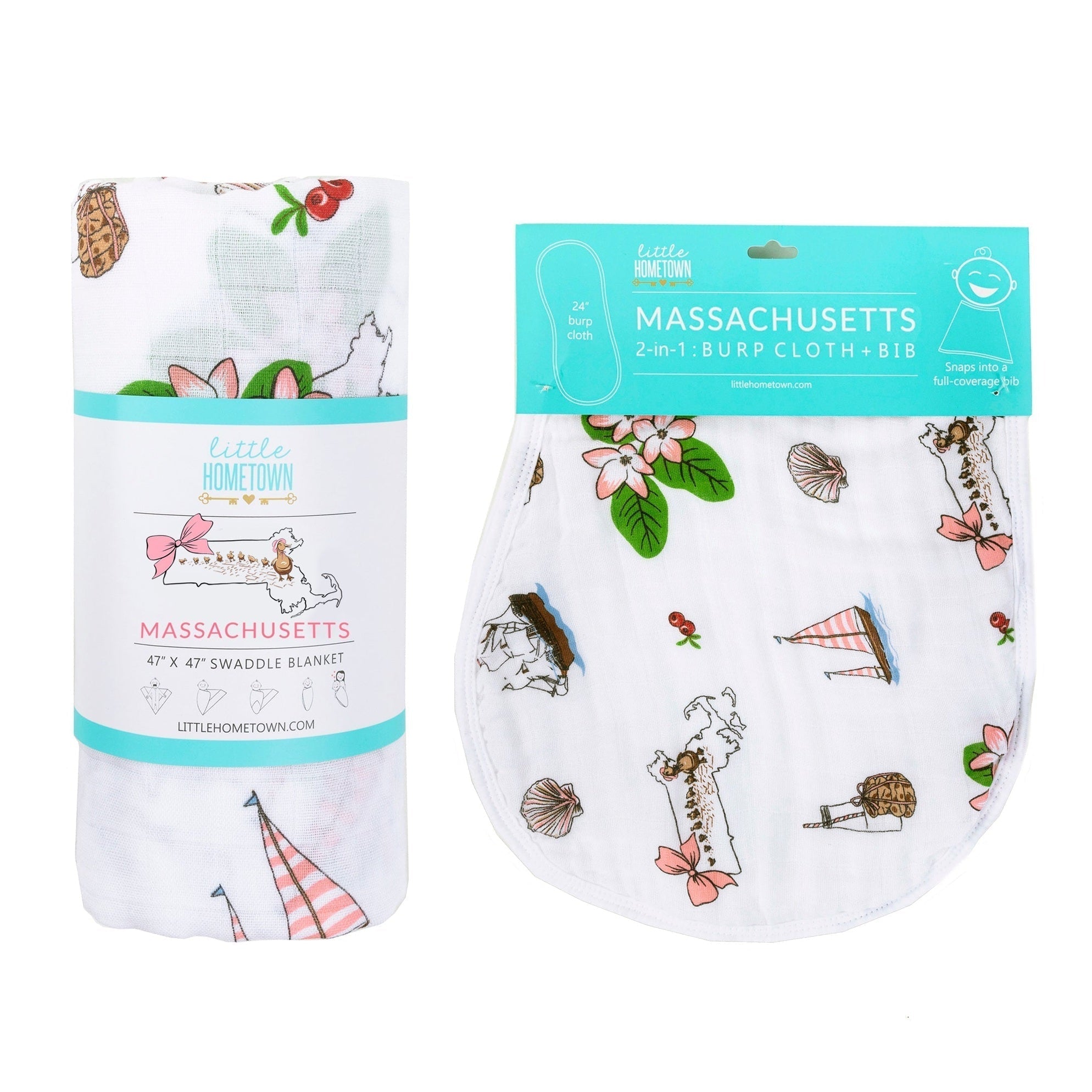 Gift Set: Massachusetts Floral Baby Muslin Swaddle Blanket and Burp Cloth/Bib Combo-thumbmail-1
