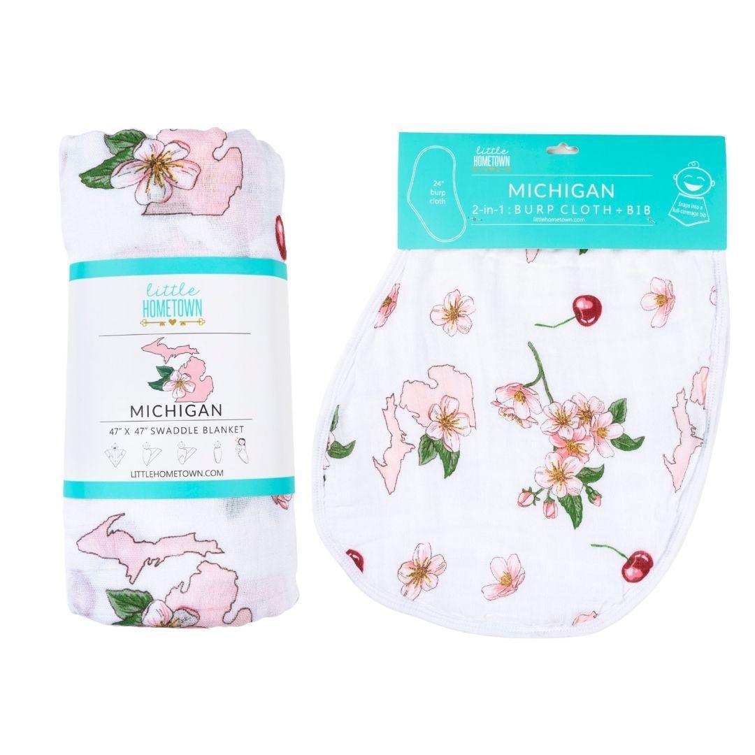 Gift Set: Michigan Baby Muslin Swaddle Blanket and Burp Cloth/Bib Combo (Floral)-thumbmail-6