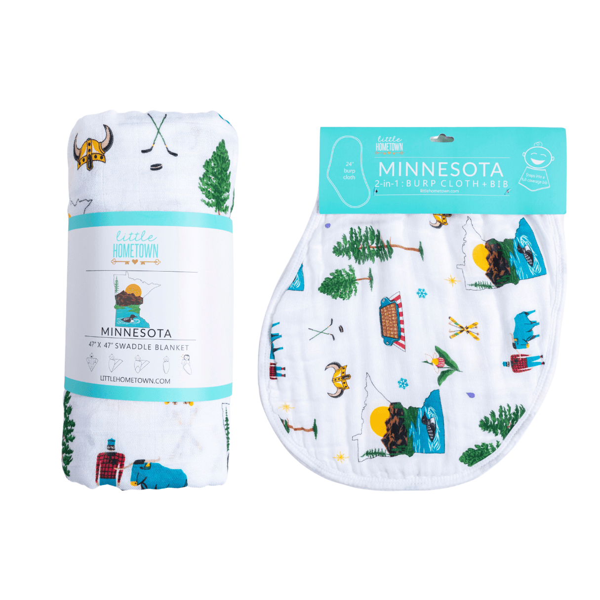 Gift Set: Minnesota Baby Muslin Swaddle Blanket and Burp Cloth/Bib Combo-thumbmail-1