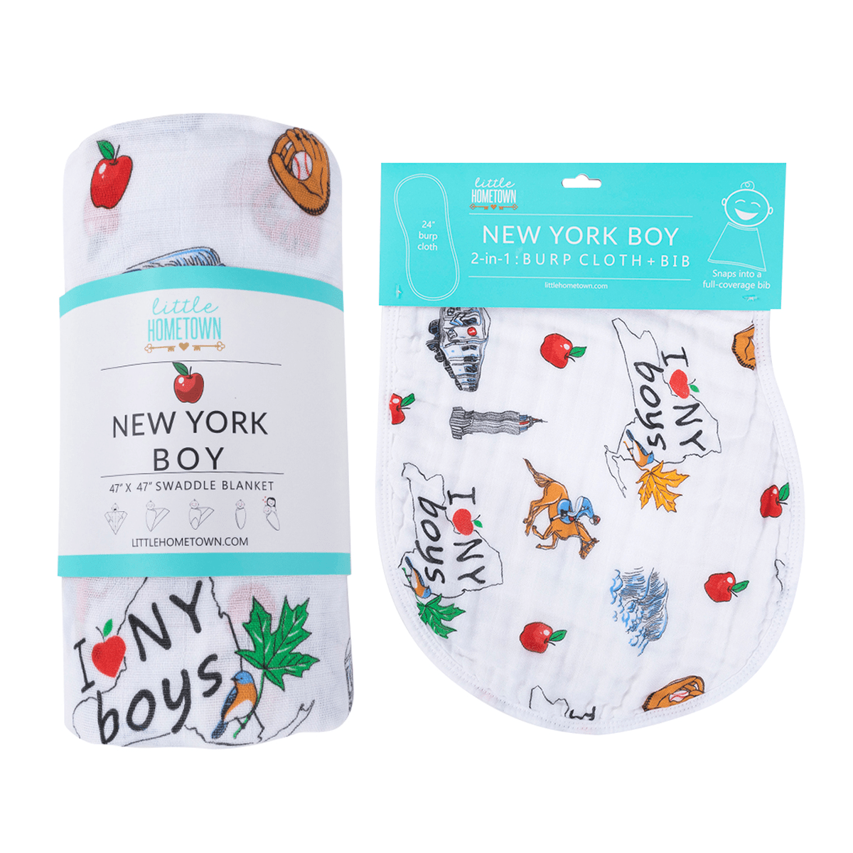 Gift Set: New York Baby Boy Muslin Swaddle Blanket and Burp Cloth/Bib Combo-thumbmail-5
