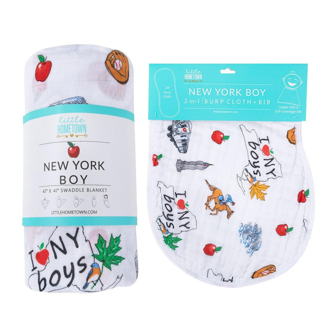 Gift Set: New York Baby Boy Muslin Swaddle Blanket and Burp Cloth/Bib Combo-thumbmail-6