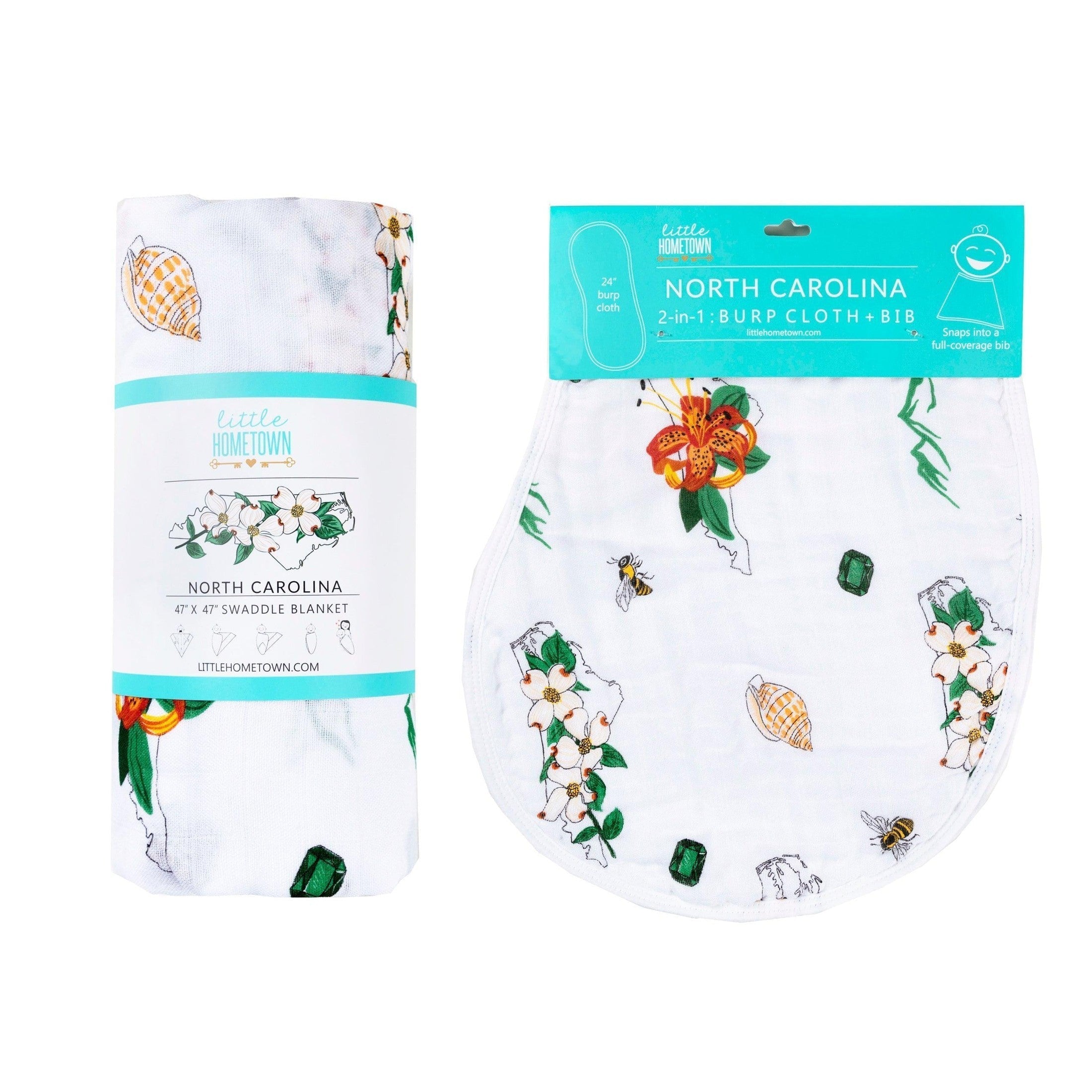 Gift Set: North Carolina Baby Muslin Swaddle Blanket and Burp Cloth/Bib Combo (Floral)-thumbmail-9