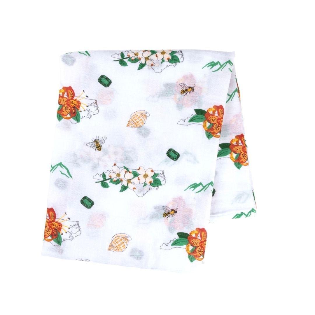Gift Set: North Carolina Baby Muslin Swaddle Blanket and Burp Cloth/Bib Combo (Floral)-thumbmail-2