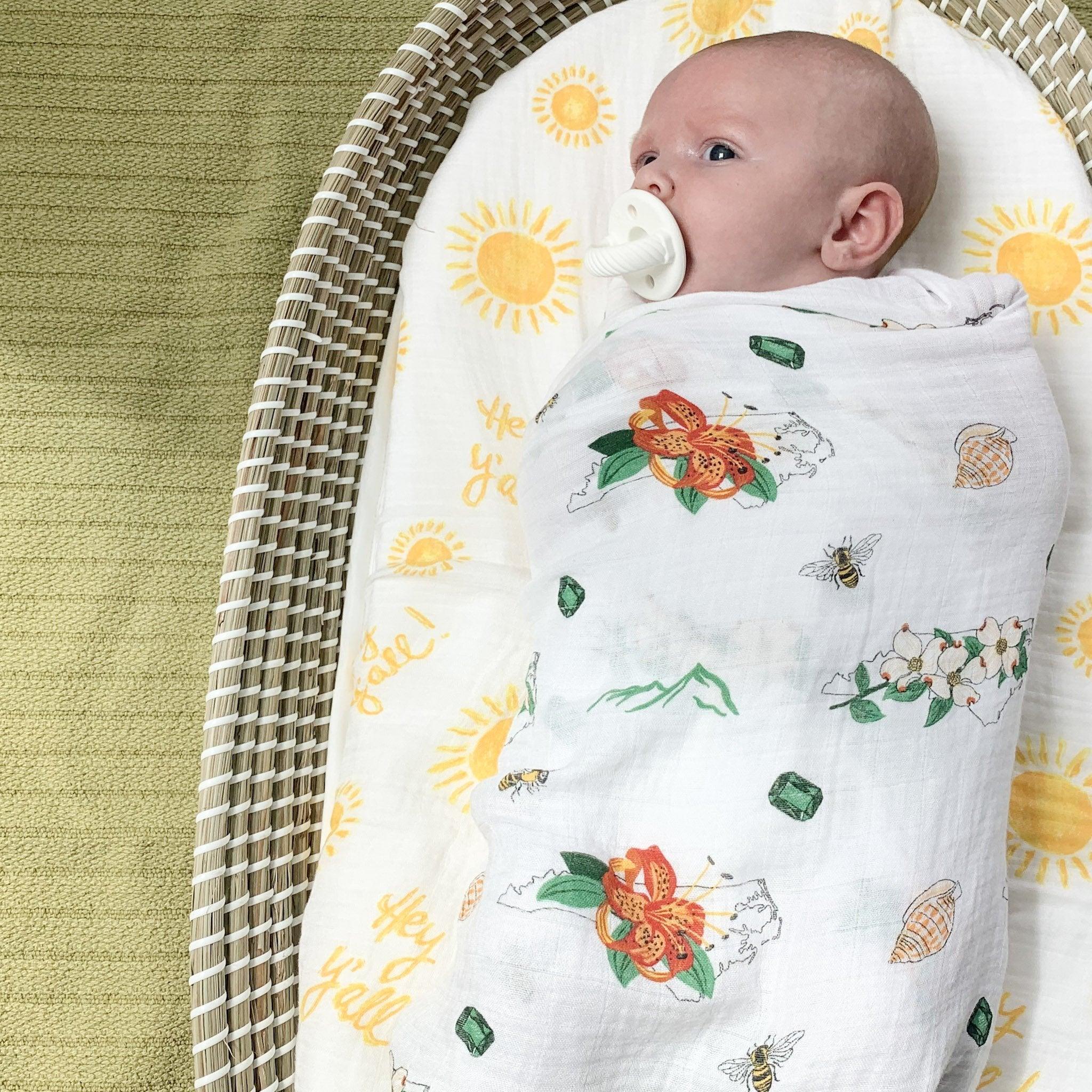 Gift Set: North Carolina Baby Muslin Swaddle Blanket and Burp Cloth/Bib Combo (Floral)-thumbmail-3