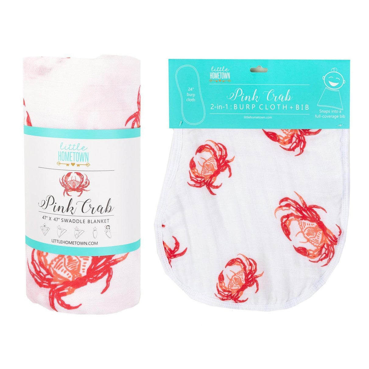 Gift Set: Pink Crab Baby Muslin Swaddle Blanket and Burp Cloth/Bib Combo-thumbmail-4