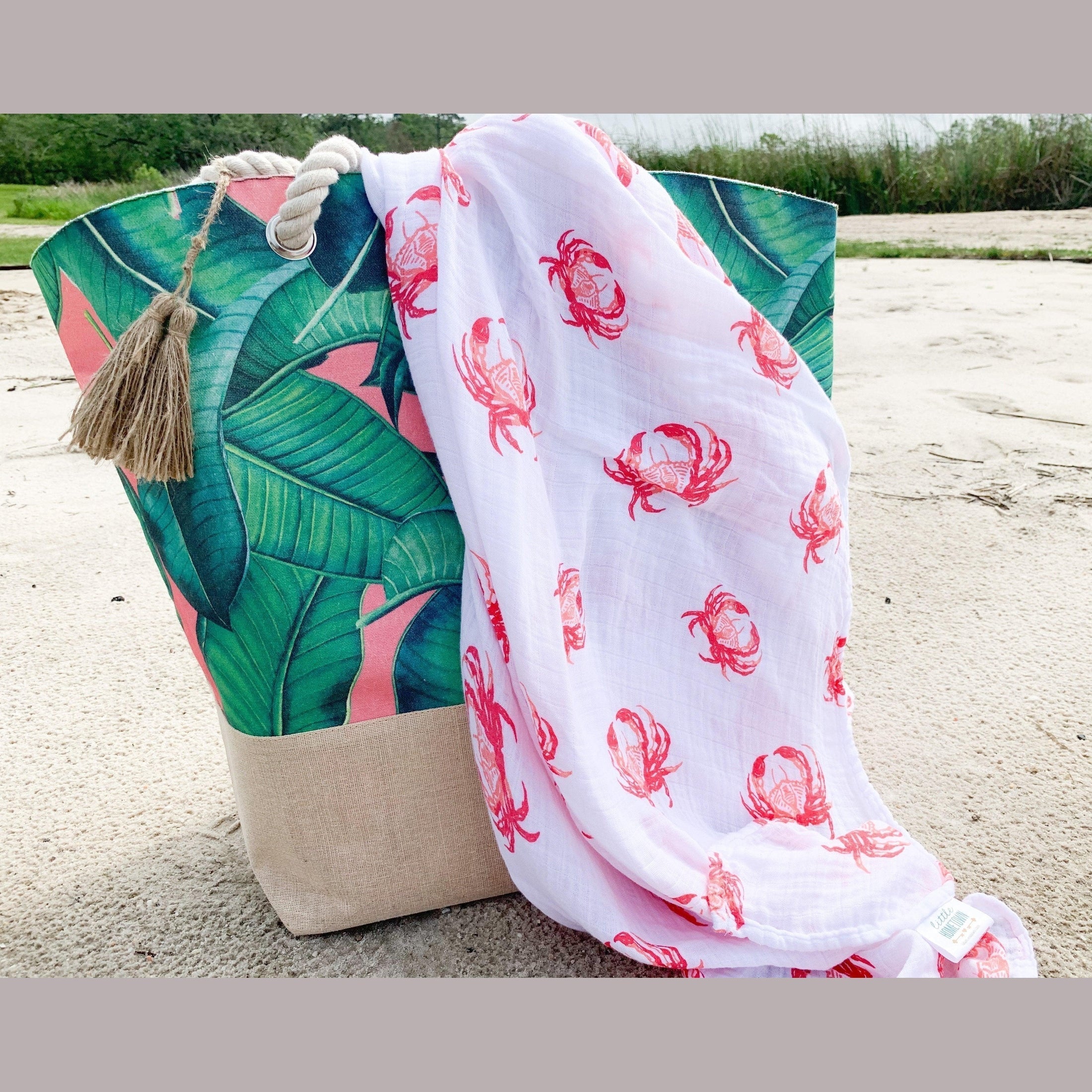 Gift Set: Pink Crab Baby Muslin Swaddle Blanket and Burp Cloth/Bib Combo-thumbmail-1