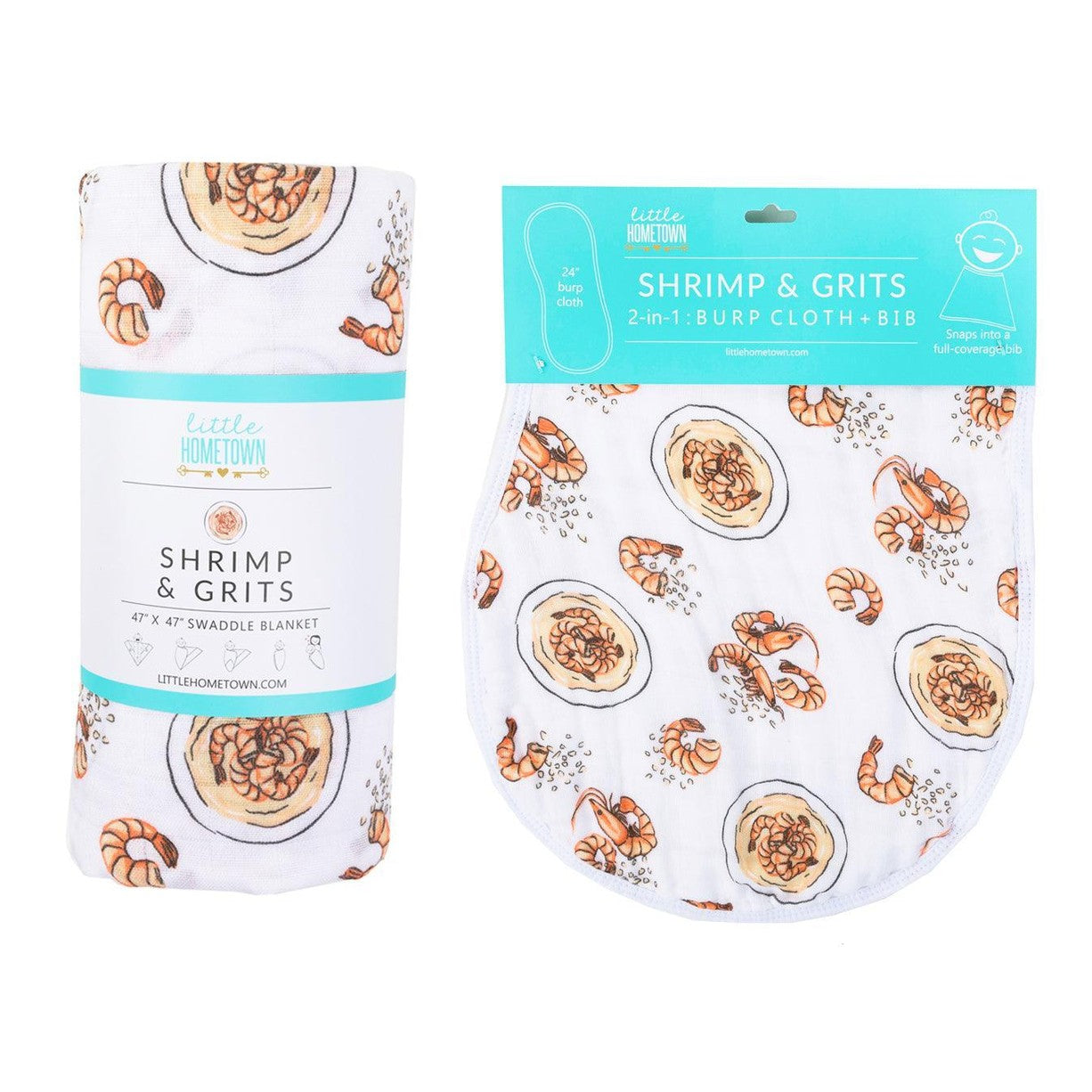 Gift Set: Shrimp'n Grits Baby Muslin Swaddle Blanket and Burp Cloth/Bib Combo-thumbmail-1