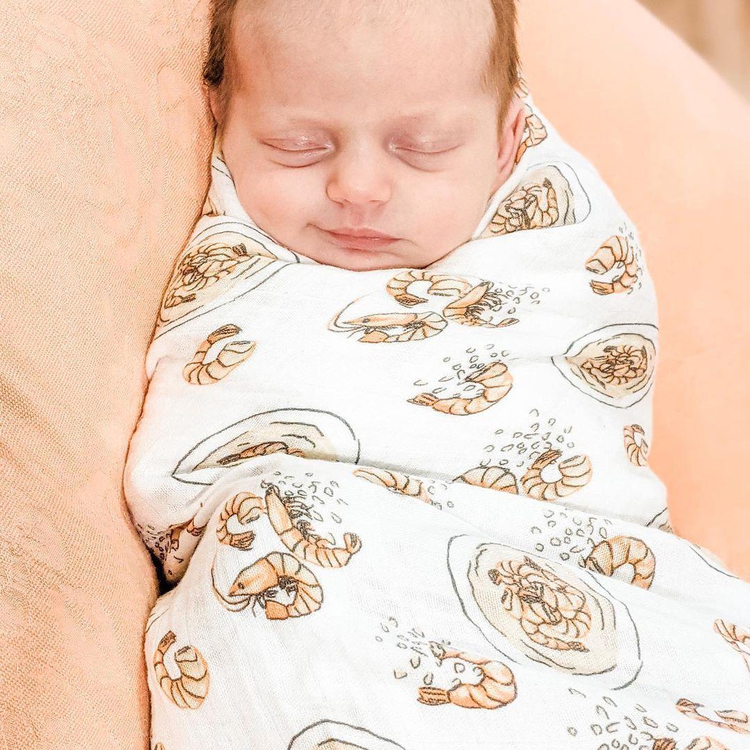 Gift Set: Shrimp'n Grits Baby Muslin Swaddle Blanket and Burp Cloth/Bib Combo-thumbmail-5