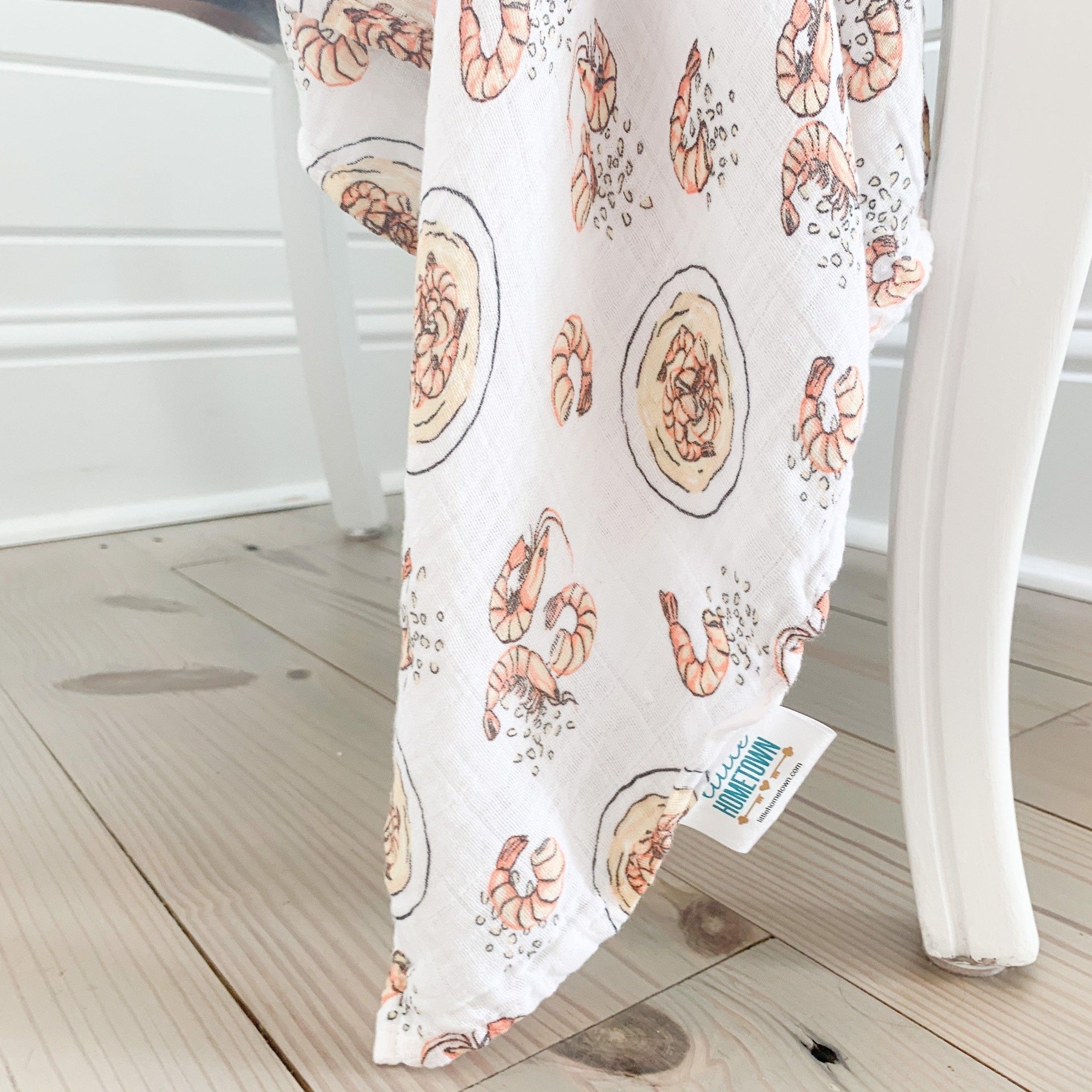 Gift Set: Shrimp'n Grits Baby Muslin Swaddle Blanket and Burp Cloth/Bib Combo-thumbmail-2
