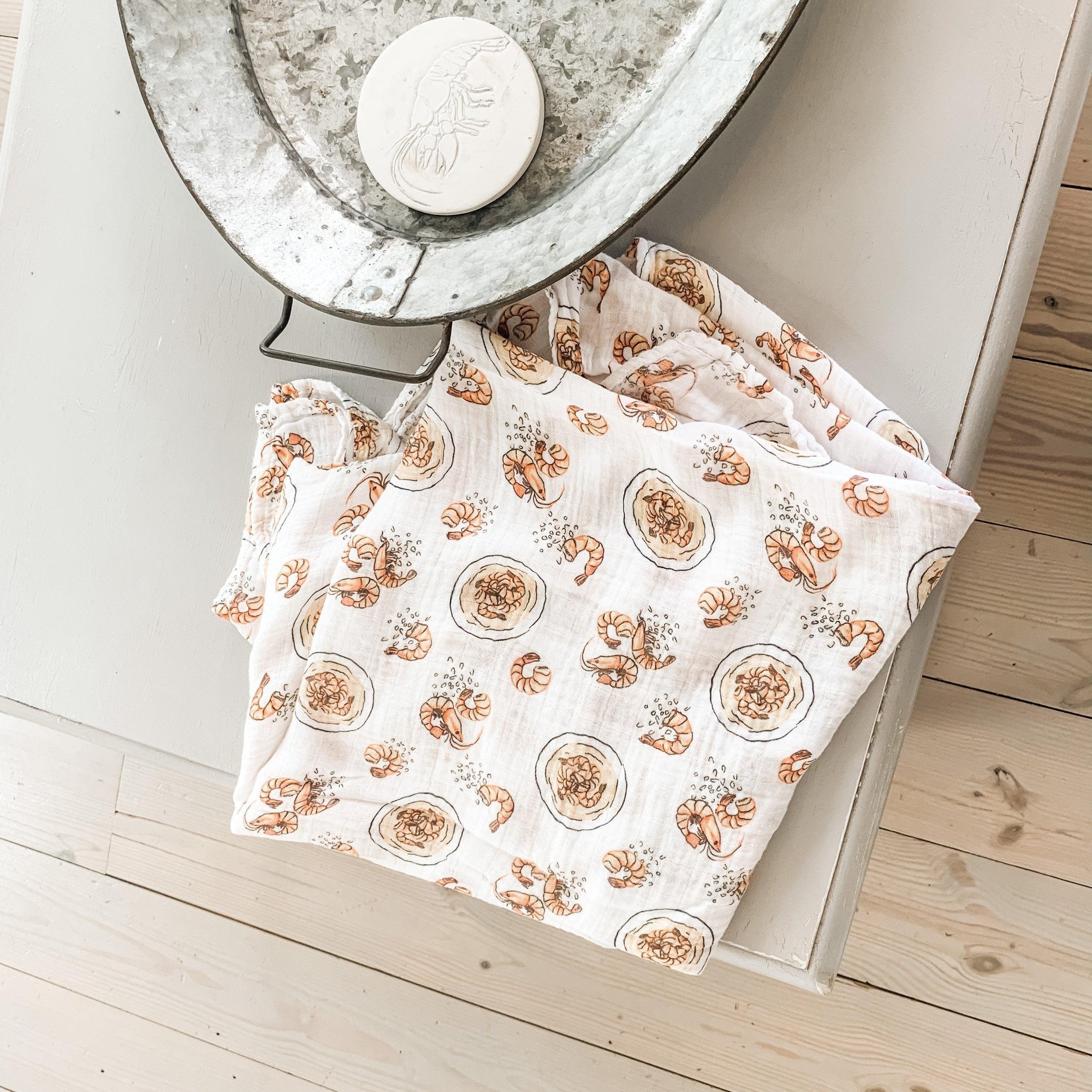 Gift Set: Shrimp'n Grits Baby Muslin Swaddle Blanket and Burp Cloth/Bib Combo-thumbmail-6