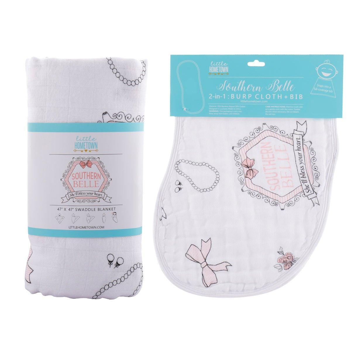 Gift Set: Southern Belle Baby Muslin Swaddle Blanket and Burp Cloth/Bib Combo-thumbmail-6