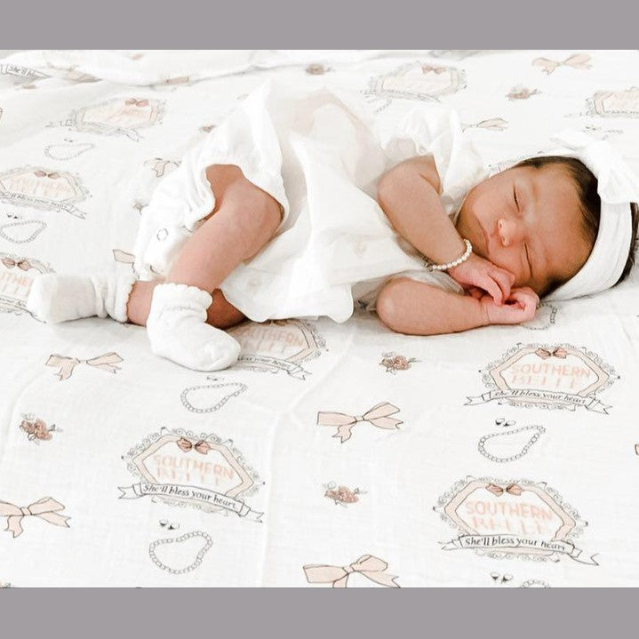 Gift Set: Southern Belle Baby Muslin Swaddle Blanket and Burp Cloth/Bib Combo-thumbmail-2