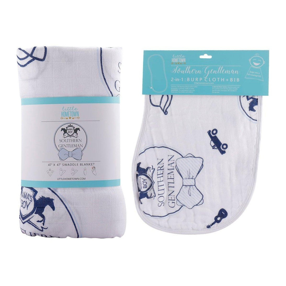 Gift Set: Southern Gentleman Baby Muslin Swaddle Blanket and Burp Cloth/Bib Combo-thumbmail-6