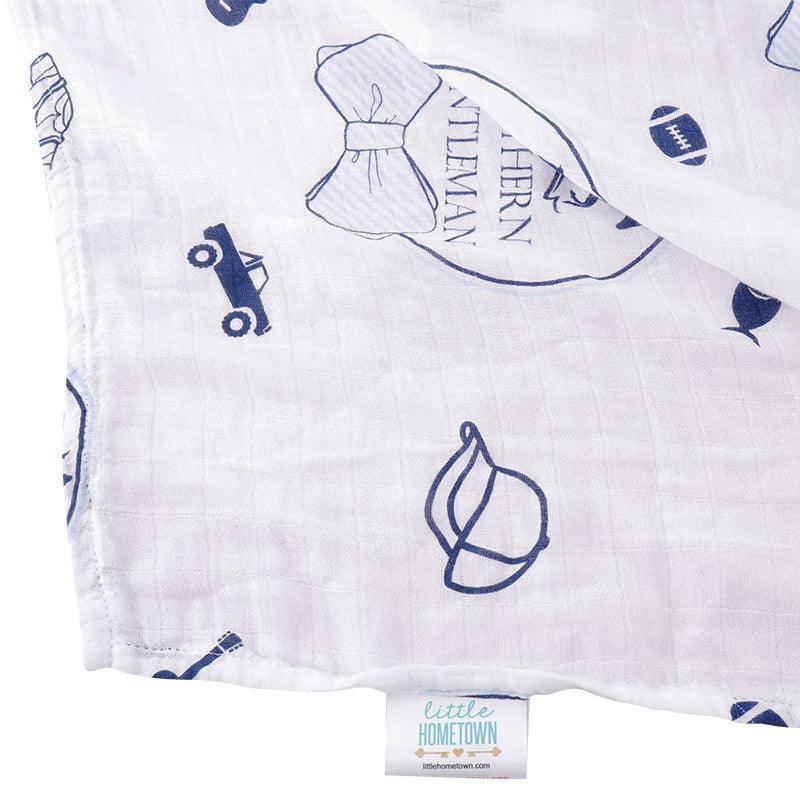 Gift Set: Southern Gentleman Baby Muslin Swaddle Blanket and Burp Cloth/Bib Combo-thumbmail-1