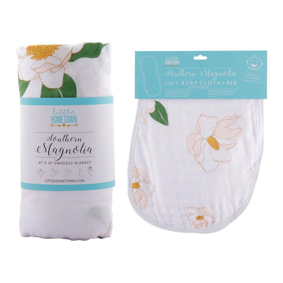 Gift Set: Southern Magnolia Baby Muslin Swaddle Blanket and Burp Cloth/Bib Combo-thumbmail-2