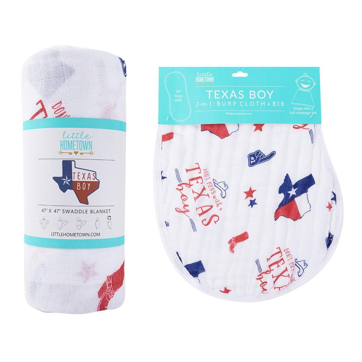 Gift Set: Texas Baby Boy Muslin Swaddle Blanket and Burp Cloth/Bib Combo-thumbmail-5