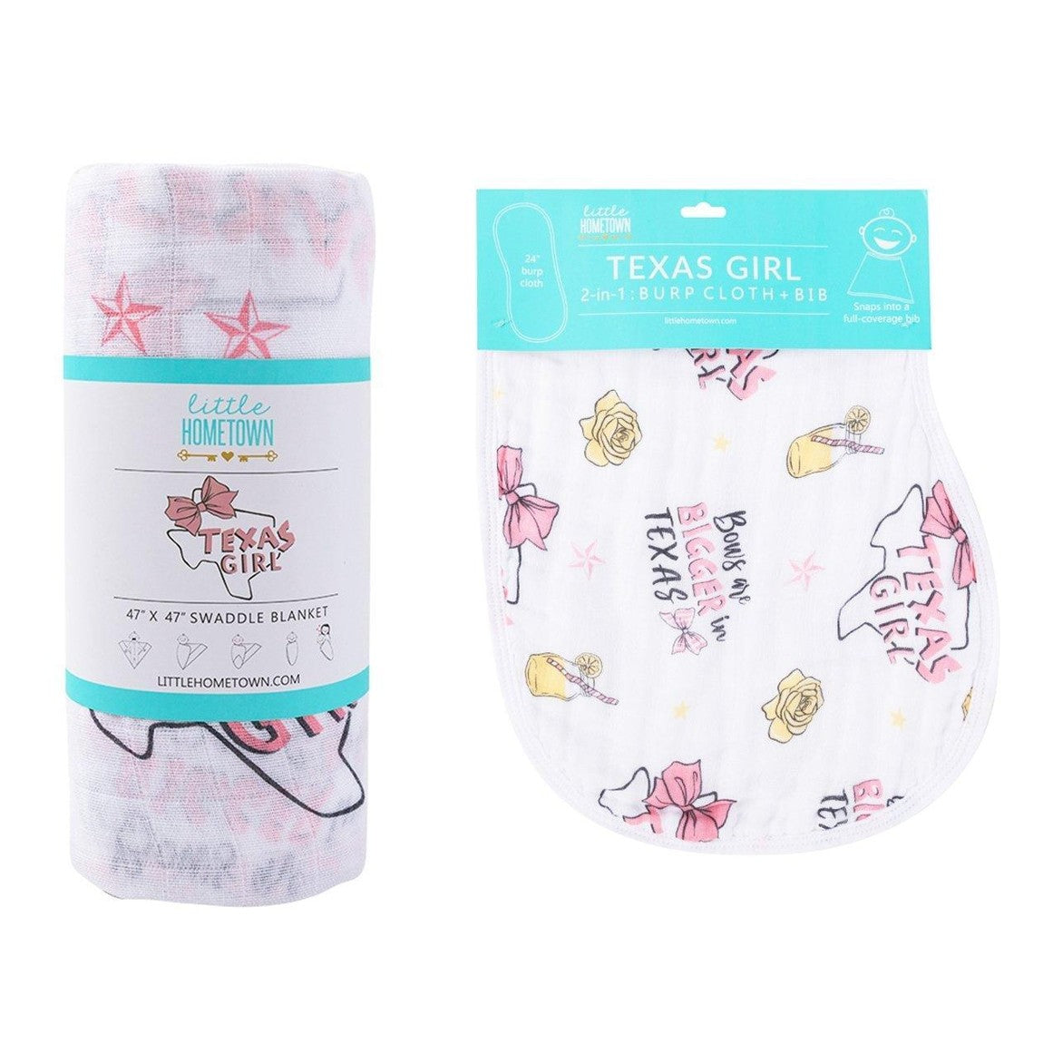 Gift Set: Texas Baby Girl Muslin Swaddle Blanket and Burp Cloth/Bib Combo-thumbmail-8