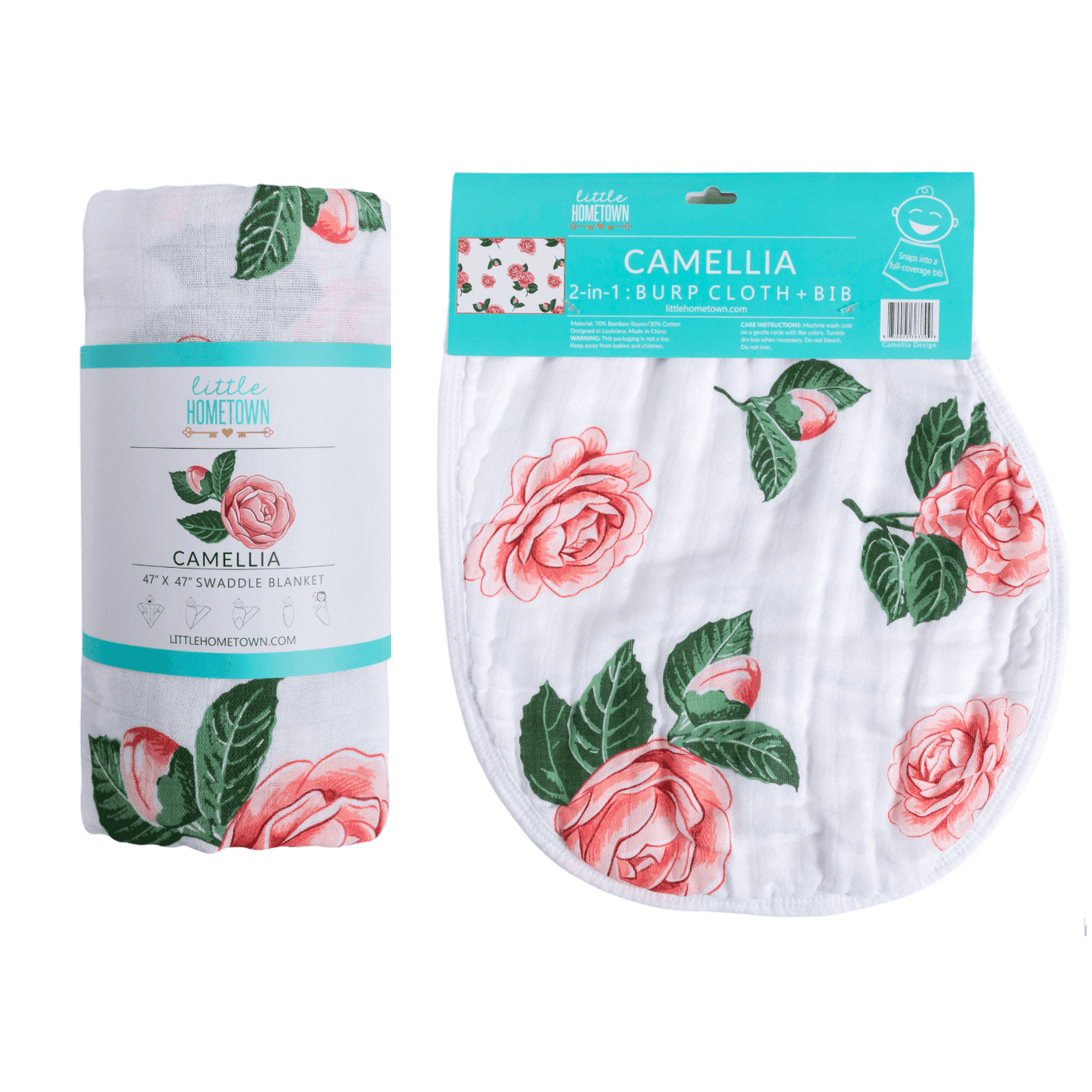 GiftSet: Camelia Baby Muslin Swaddle Blanket and Burp Cloth/Bib Combo-thumbmail-1