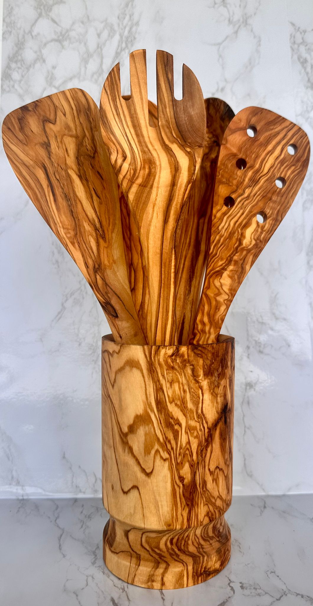 Olive Wood Kitchen Servers Set W/Holder -6 Pcs-thumbmail-1