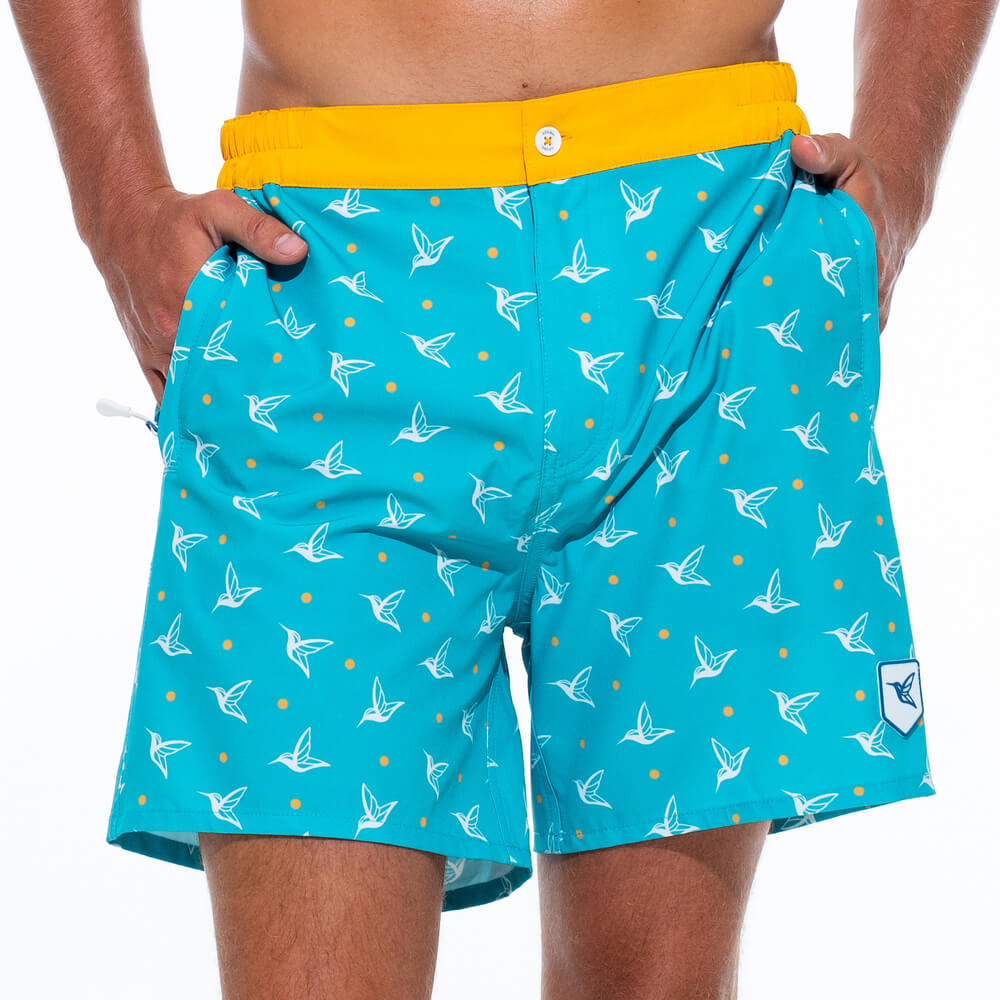 Mens Luxury Swim Trunks | Kolibri Monogram in Aquamarine-thumbmail-3